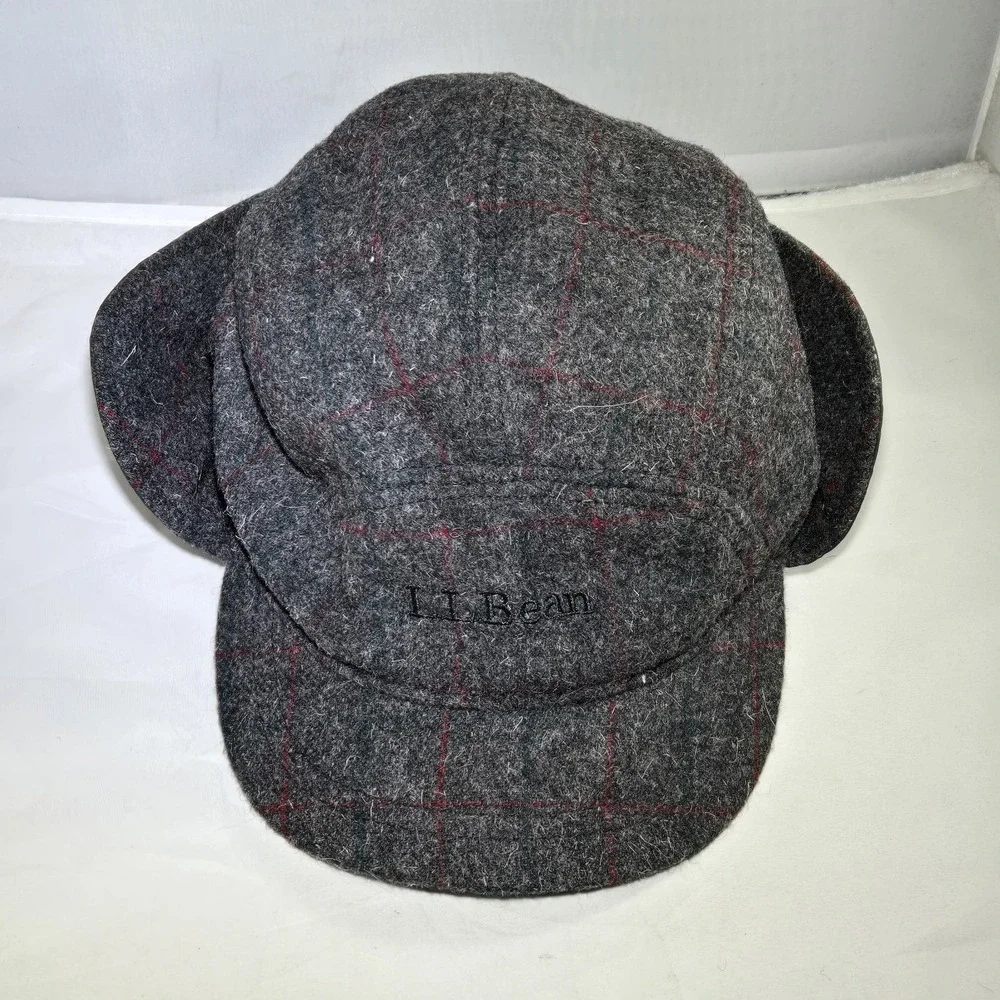 LL Bean Maine‎ Guide Wool Cap Adults XL PrimaLoft Plaid Ear Flaps Gray Red